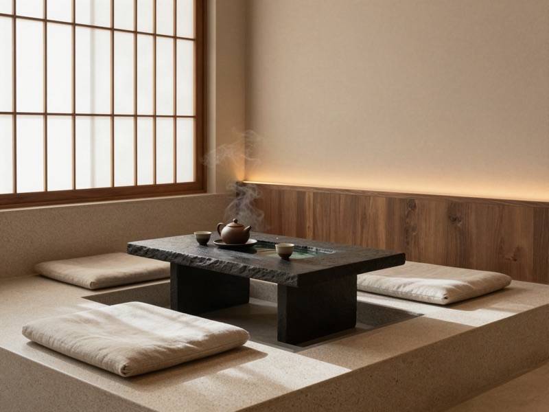 Чайная зона SPA: скамьи из травертина, сланцевый стол, каменная чаша с водой